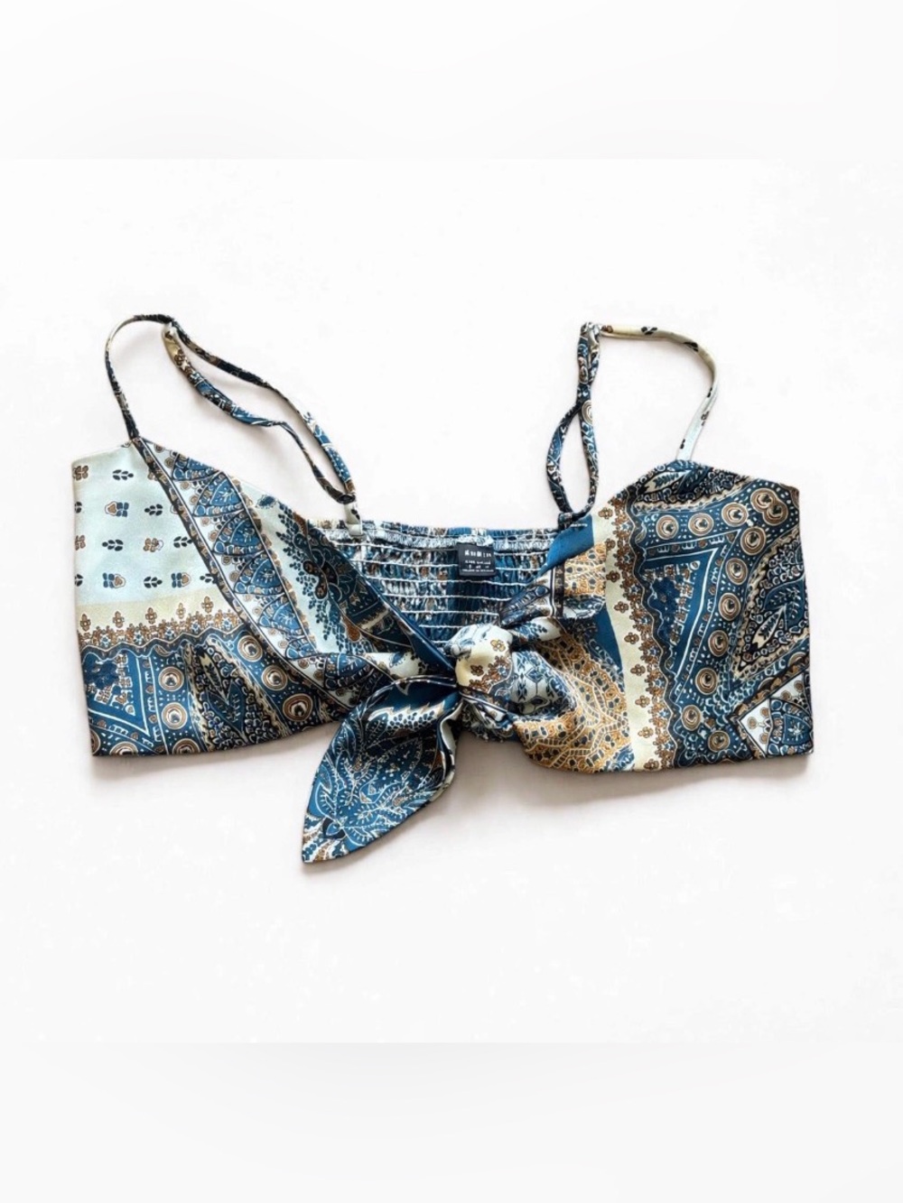 SHEIN Size S Blue Bandana Paisley Tie Front Crop Top Smocked Back